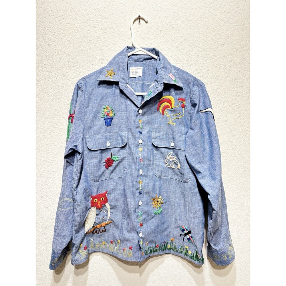 Vintage 70s Big Mac Embroidered Denim Shirt Small Flowers Animals Hippy